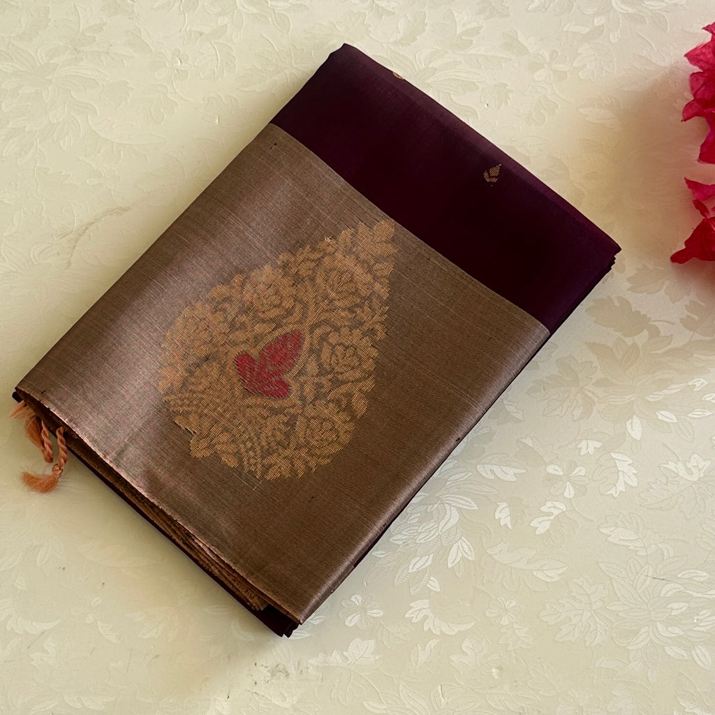 Burgundy Silk Saree with Rose Gold Brocade Pallu and Paisley