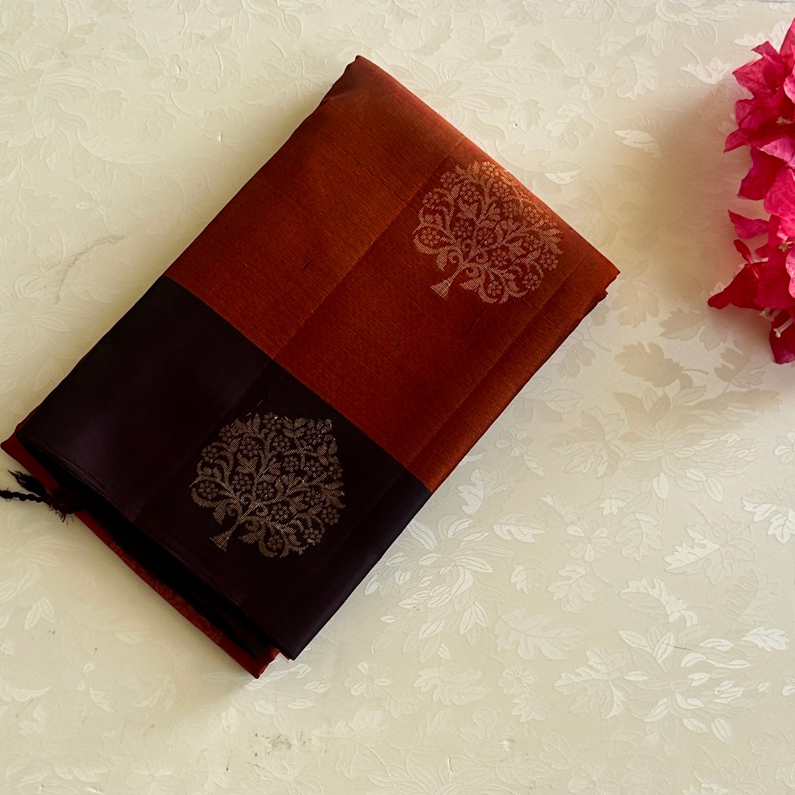 Deep Indigo Rust Orange Silk Saree Antique Gold Zari Border