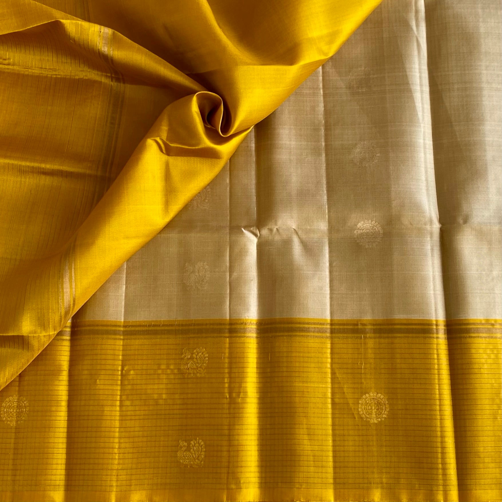 Champagne Beige Designer Pure Silk Saree With Stunner Mango Yellow Border