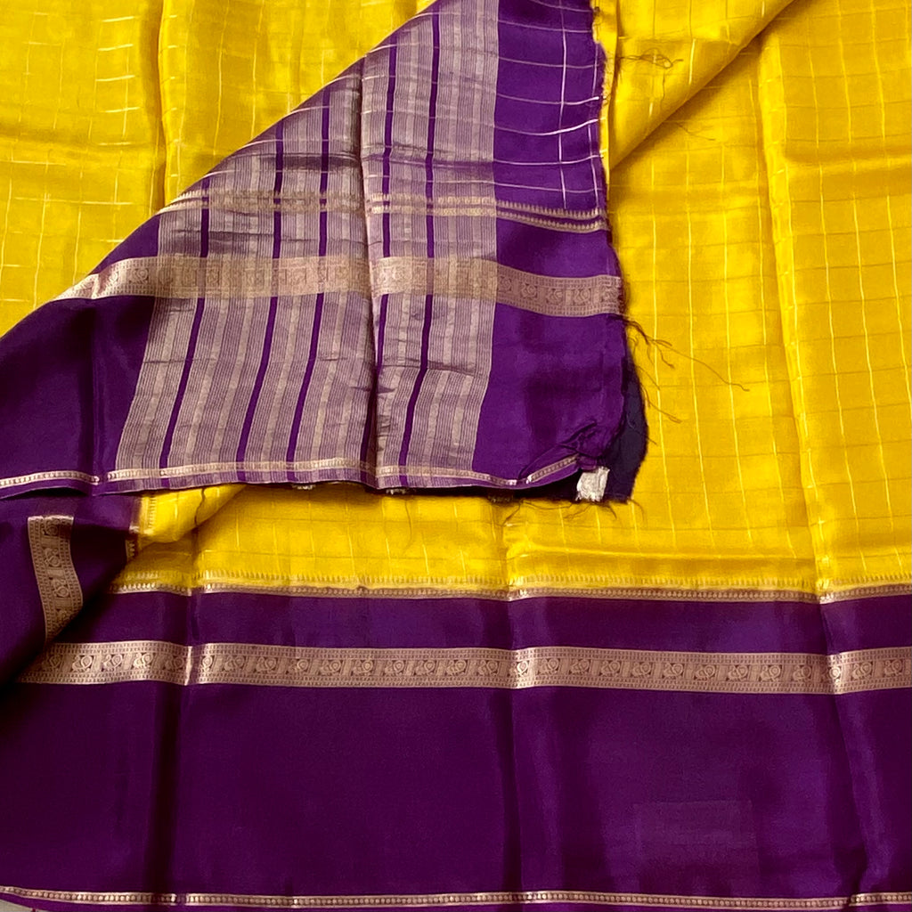 Sunflower Yellow Purple soft crepe stunner with checkered weave