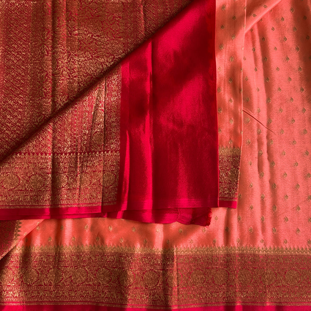 Magenta Silk Brocade Saree Gold Paisley Peach Buti Wedding Traditional