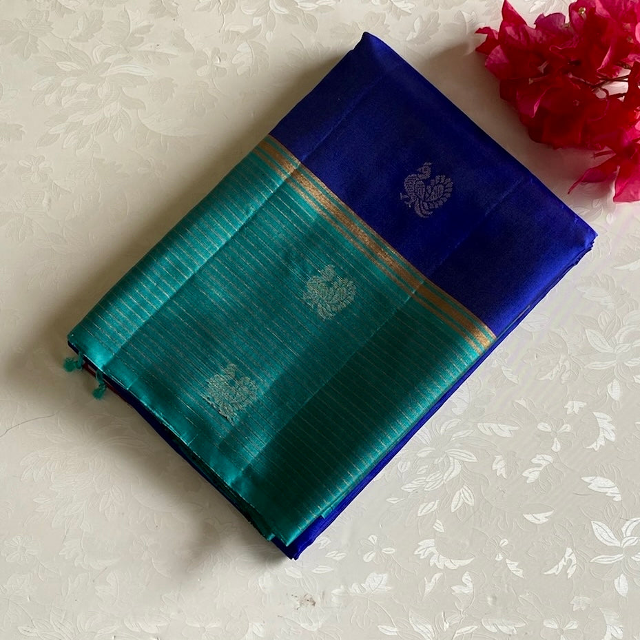 Stunner Royal Blue with Turquoise Designer Pure Silk with Peacock & Rudraksh Motifs