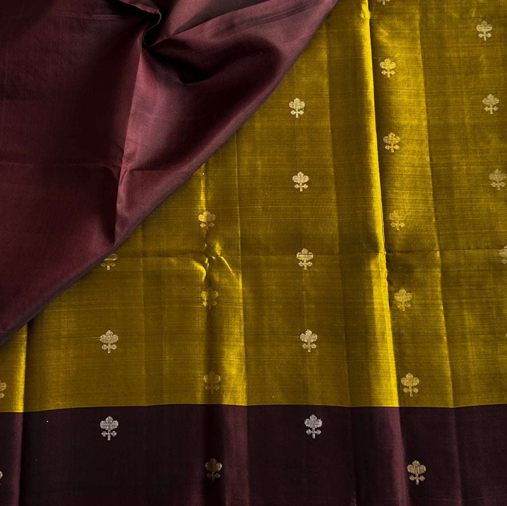 Maroon Mustard Silk Saree Gold Zari Woven Pallu Border Traditional
