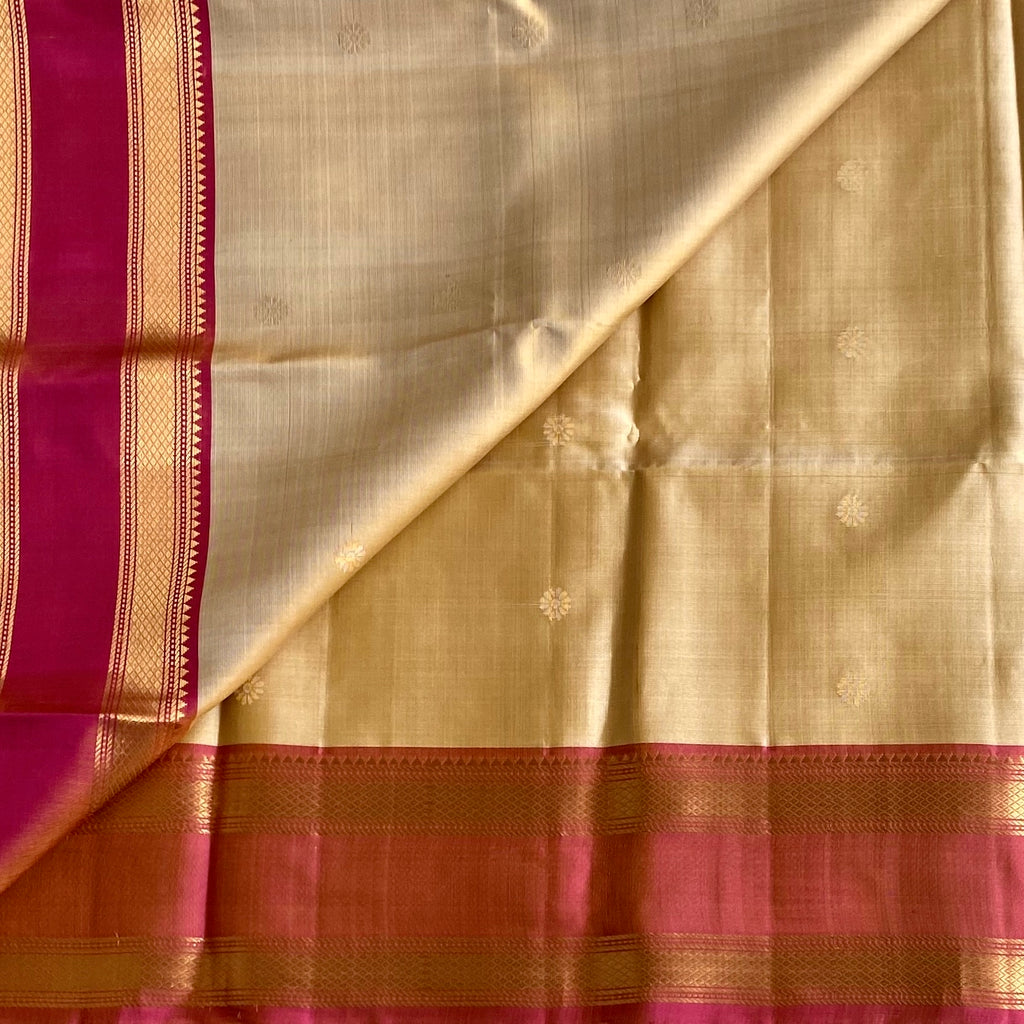 Golden Beige Designer Pure Silk Saree With Soft Rose Pink Pallu Gold Border