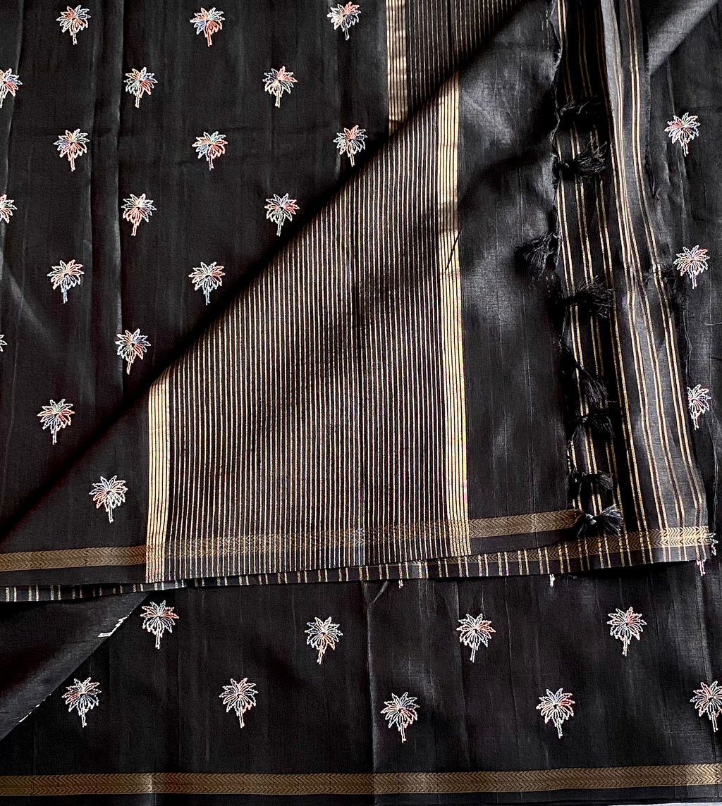 Black Embroidered Floral Saree Gold Striped Pallu Traditional Wear