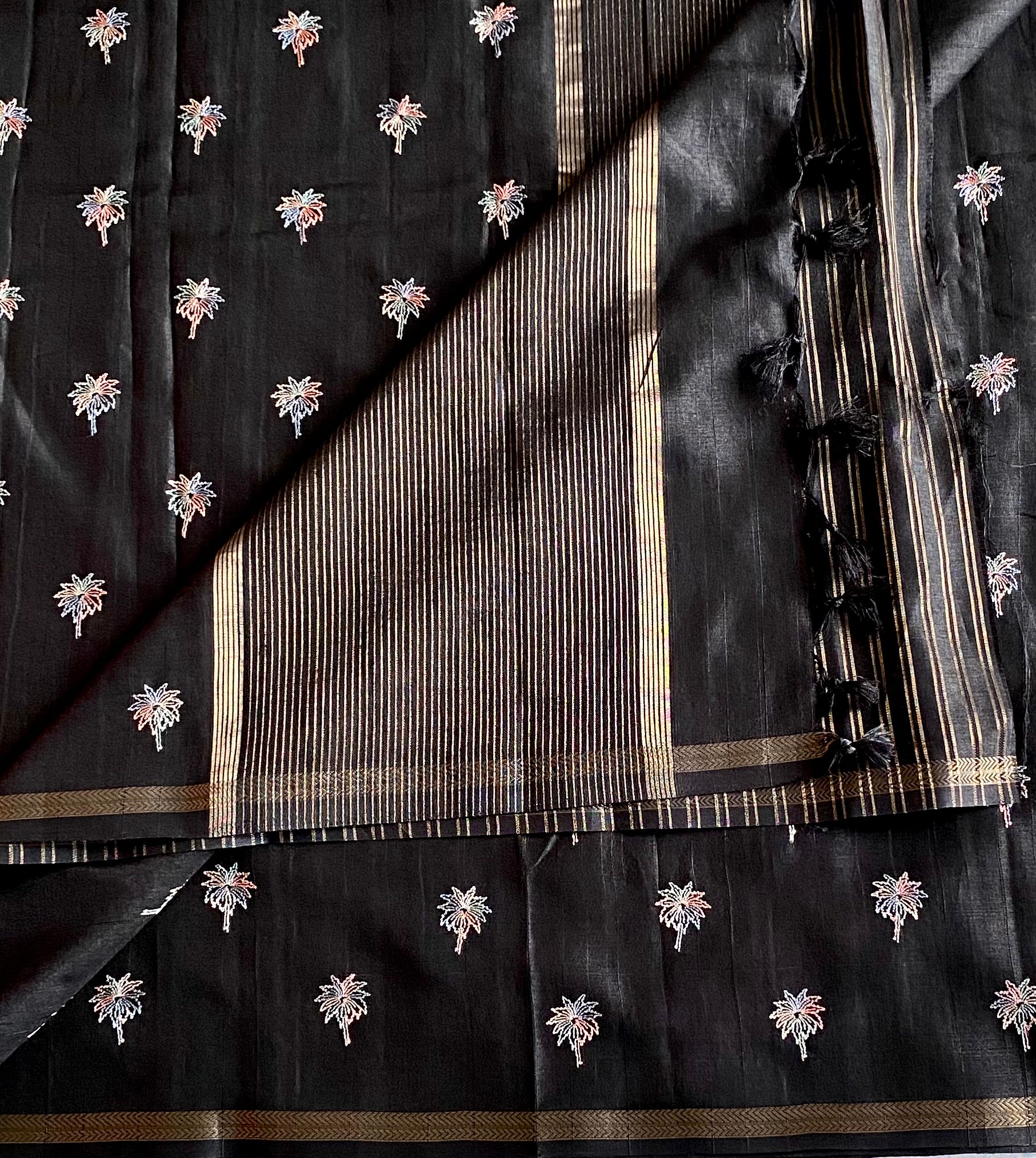 Black Embroidered Floral Saree Gold Striped Pallu Traditional Wear