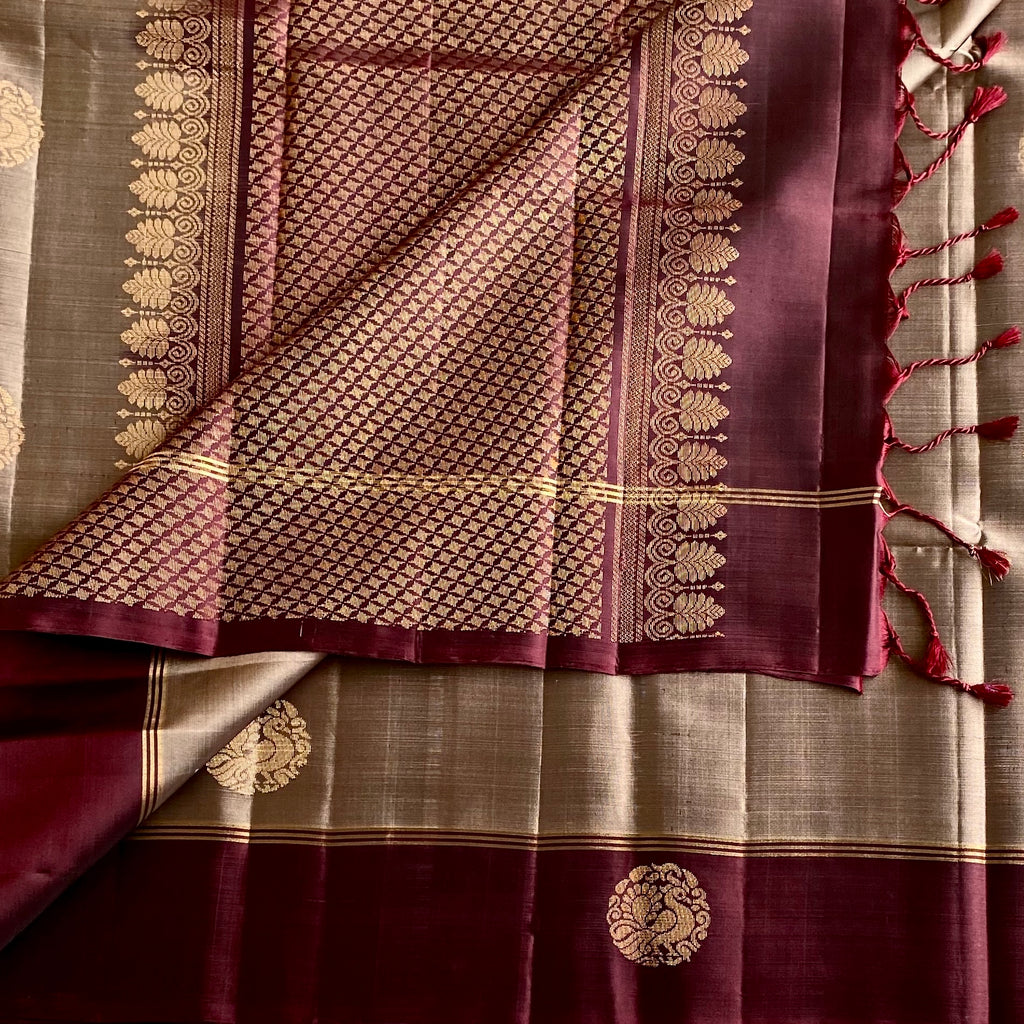 Antique Gold Designer Pure Silk Saree With Deep Wine Maroon Pallu
