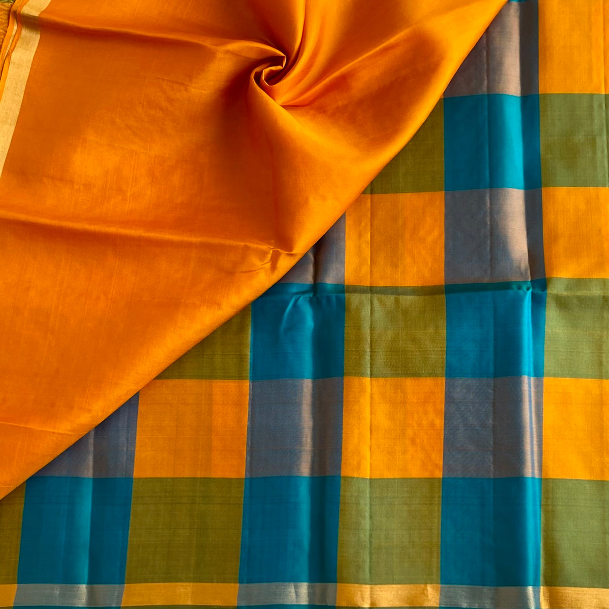 Teal & Sunflower Checkered Designer Pure Silk With Intricate Pallu