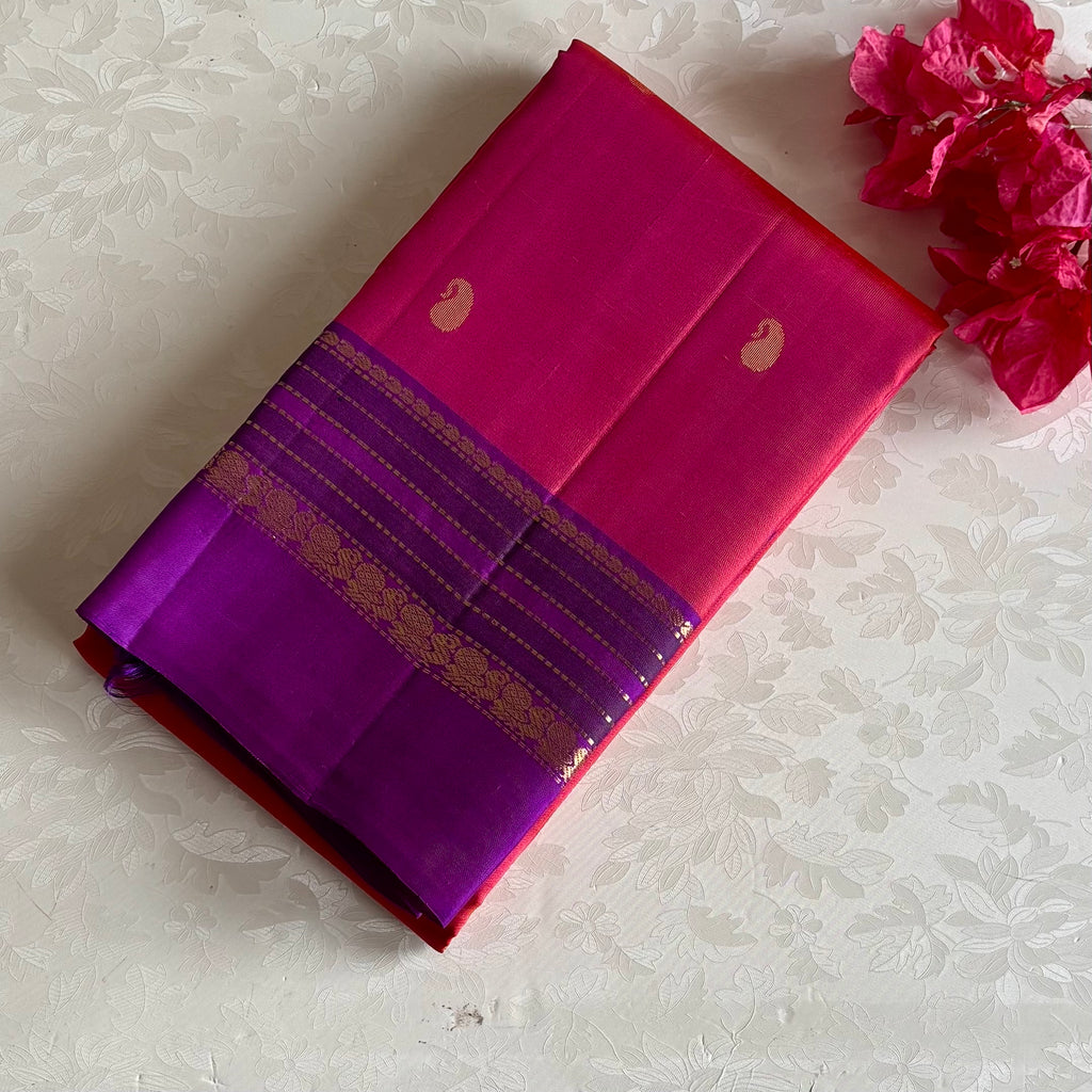 Kanakambari Orangish Pink & Royal Purple Kanjeevaram Pure Zari Silk Saree