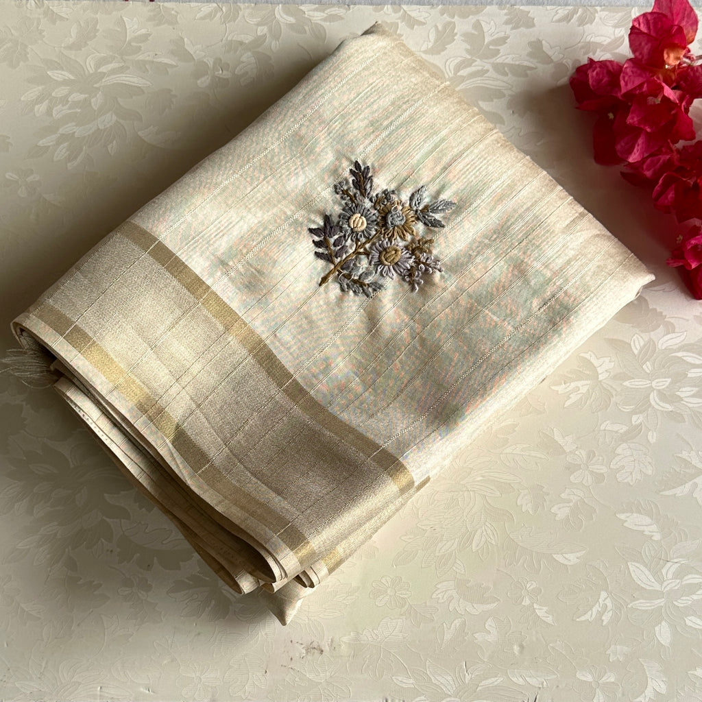 Ivory Beige Embroidered Floral Saree with Gold Border Elegant Traditional