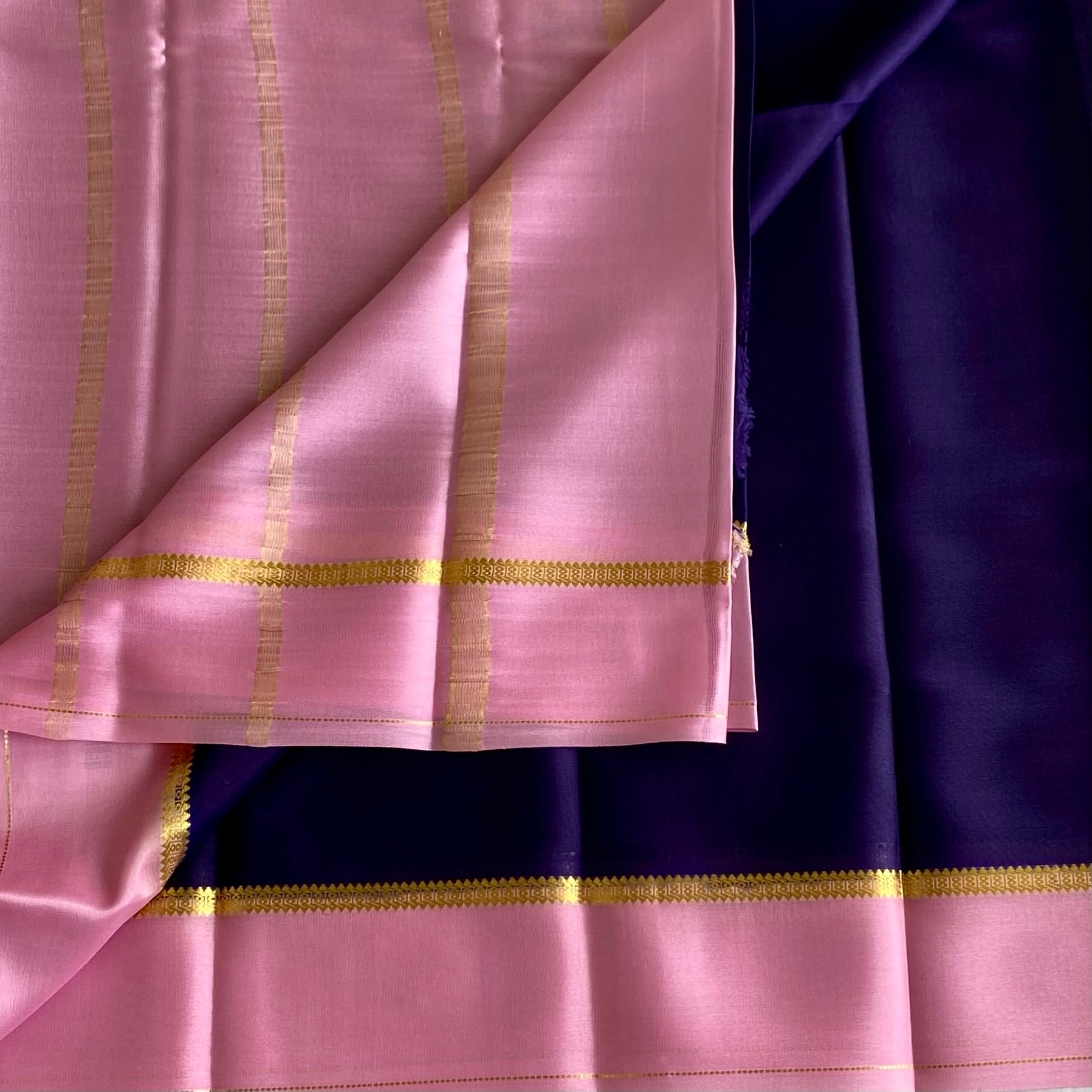 Deep Navy Lightweight Mysore Crepe Silk Saree With Pastel Pink Border