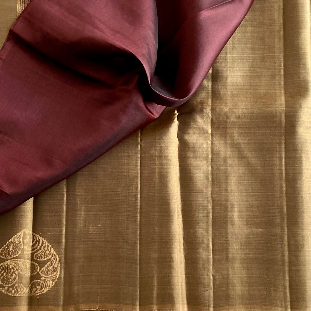 Antique Gold Designer Pure Silk Saree With Deep Maroon Pallu