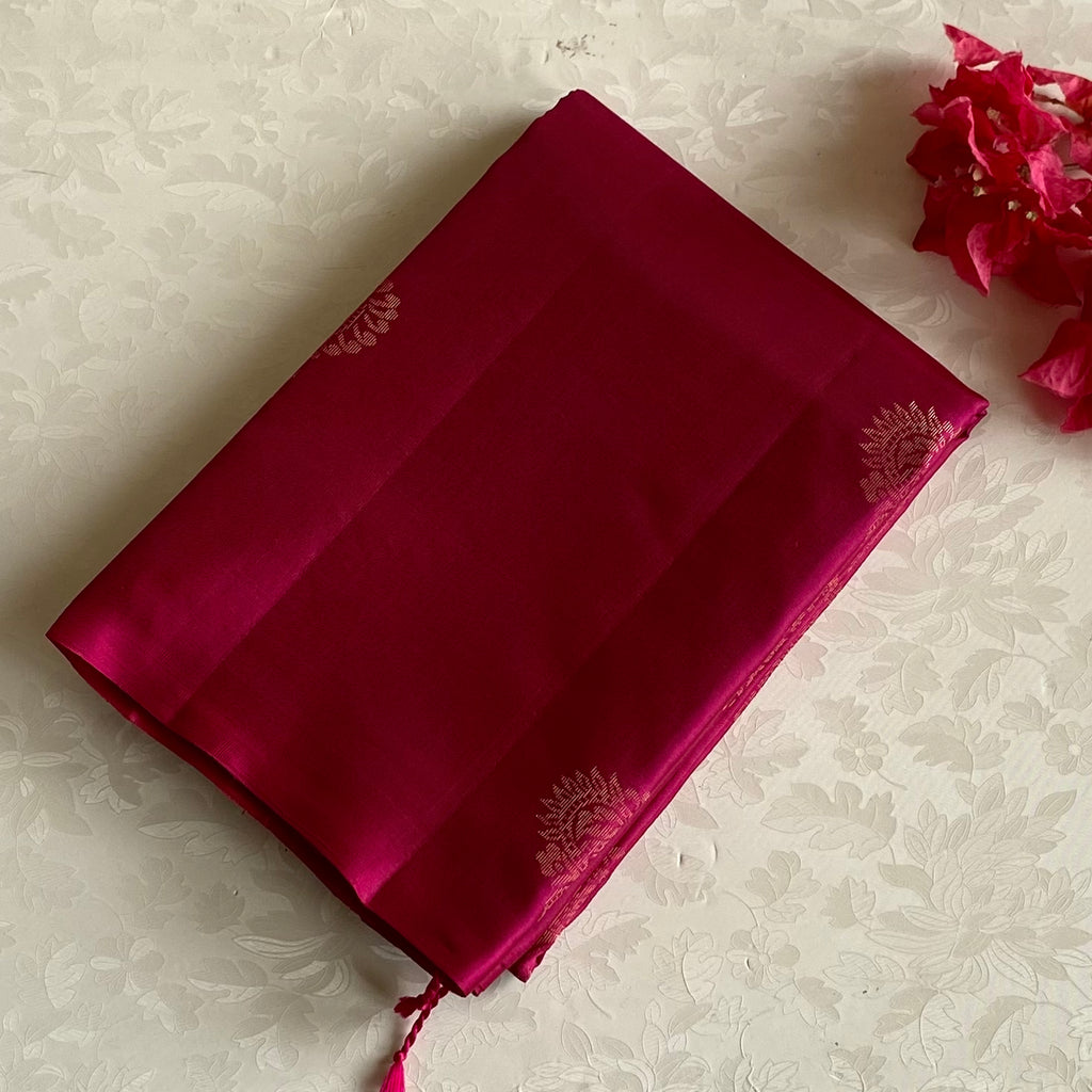 Deep Rani Pink Designer Pure Silk Saree With Antique Gold Buttas