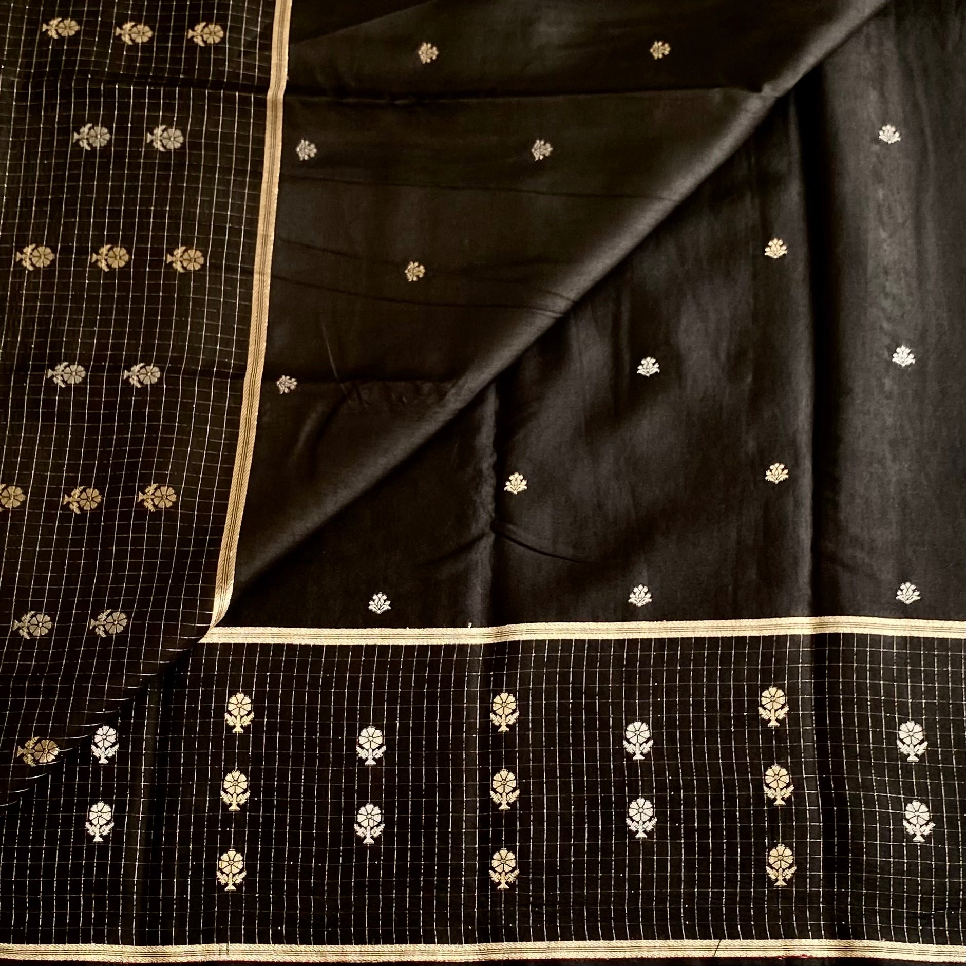 Jet Black Soft Tussar Silk Saree With Antique Gold Woven Pallu
