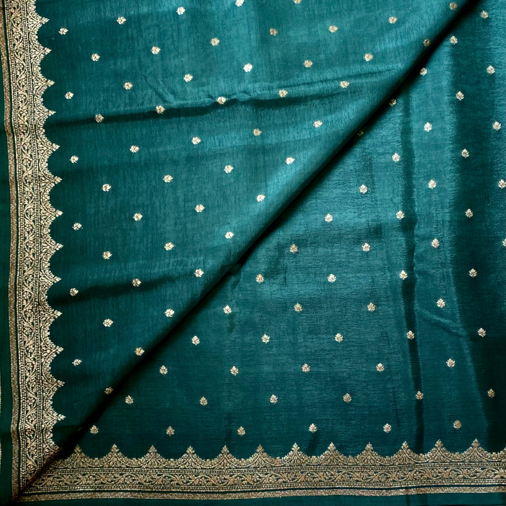 Deep Teal Silk Saree with Gold Brocade Pallu and Scalloped Border