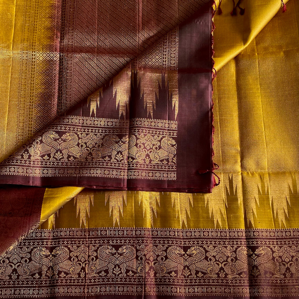 Deep Mustard Designer Pure Silk Saree With Wine Brown Gold Pallu