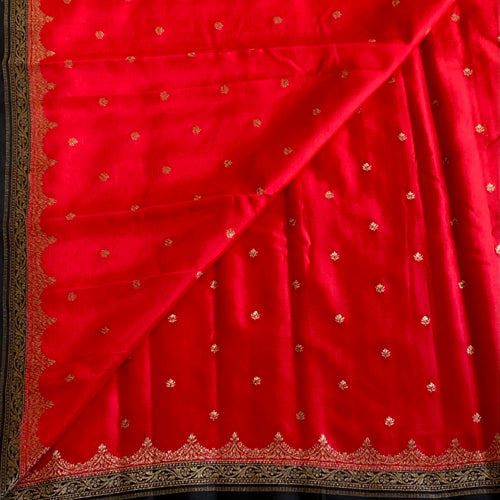 Banarasi Crepe Silk Scarlet Red With Jet Black Pallu
