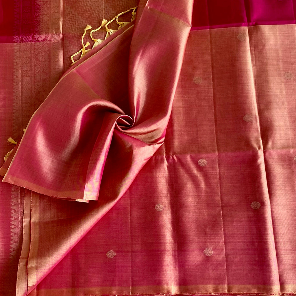 Rani Pink Designer Pure Silk Saree With Peach Gold Pallu And Zari