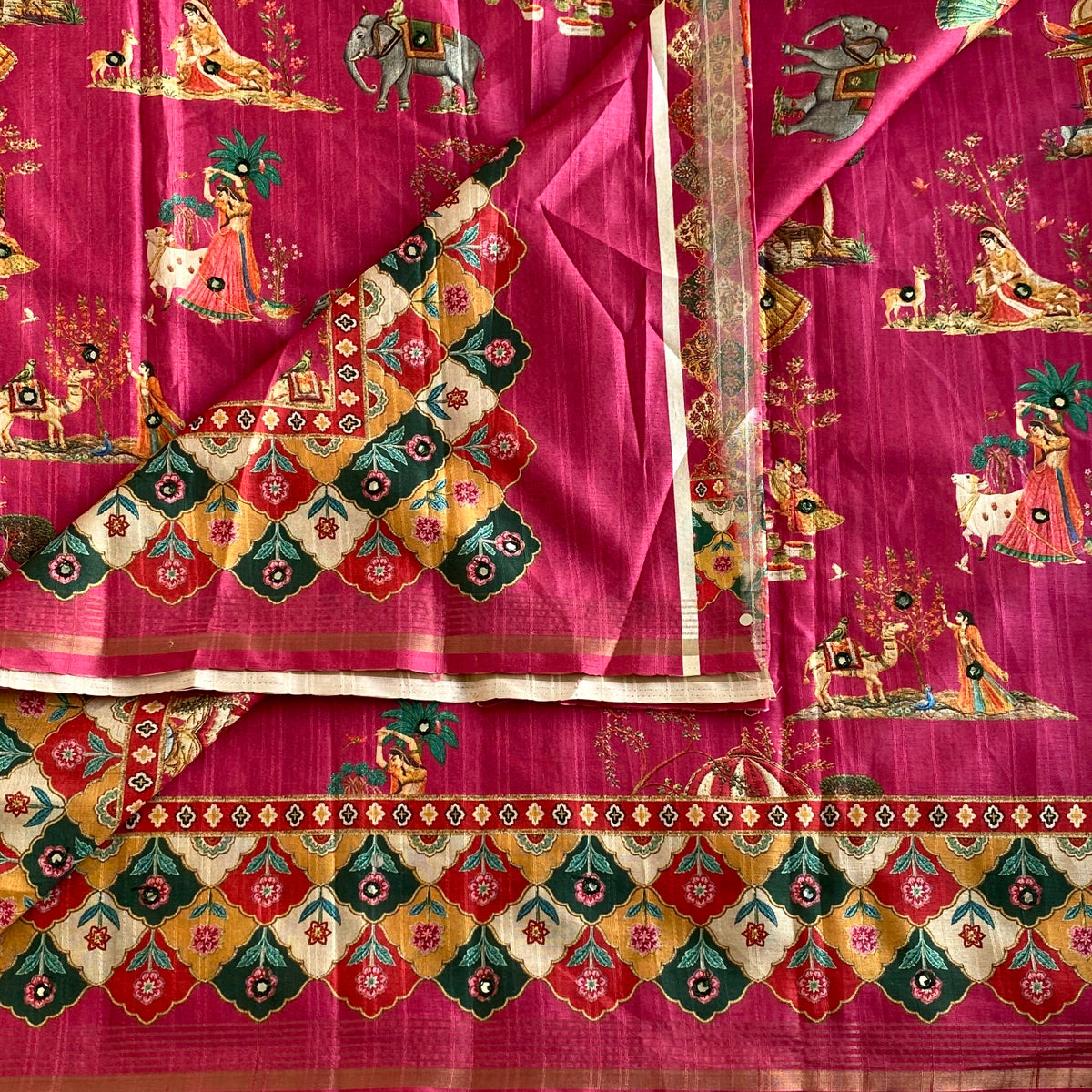 Rose Pink Designer Soft Printed Tussar Saree Mustard Yellow & Mirror Work