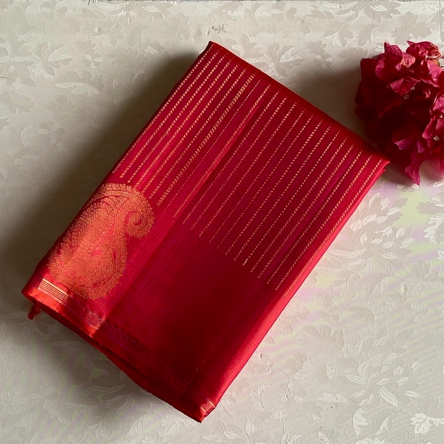 Kanakambari Orangish Red Designer Pure Silk Saree With Paisley Borders