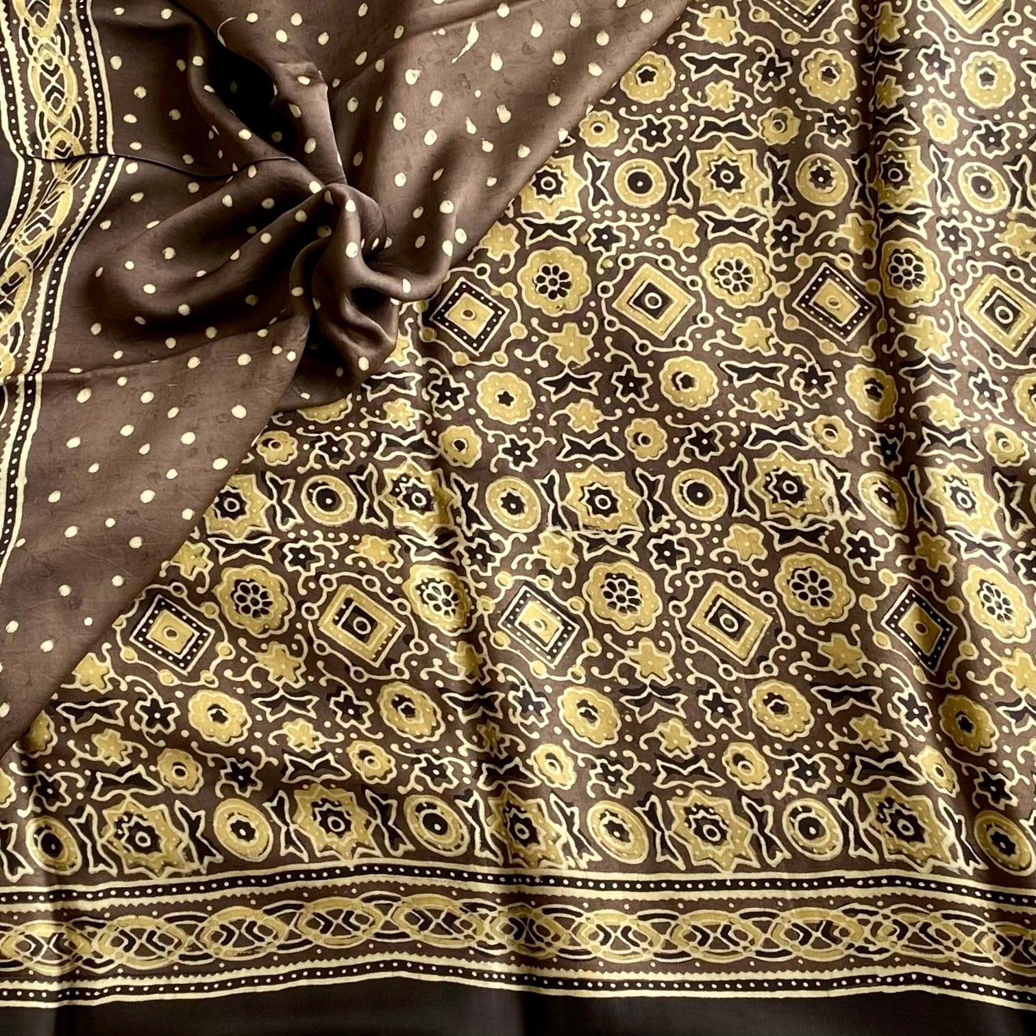 Beige Brown Ajrak Silk Saree With Mustard Yellow Prints
