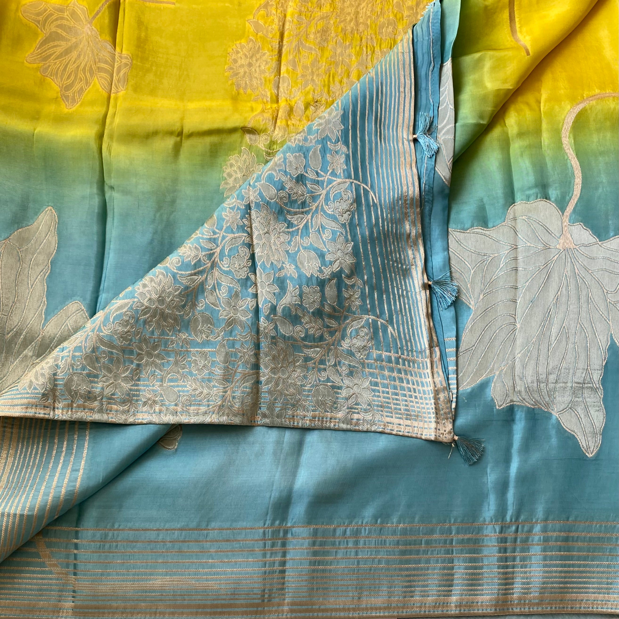 Yellow Teal Ombre Saree With Silver Brocade Floral Pallu Tassels