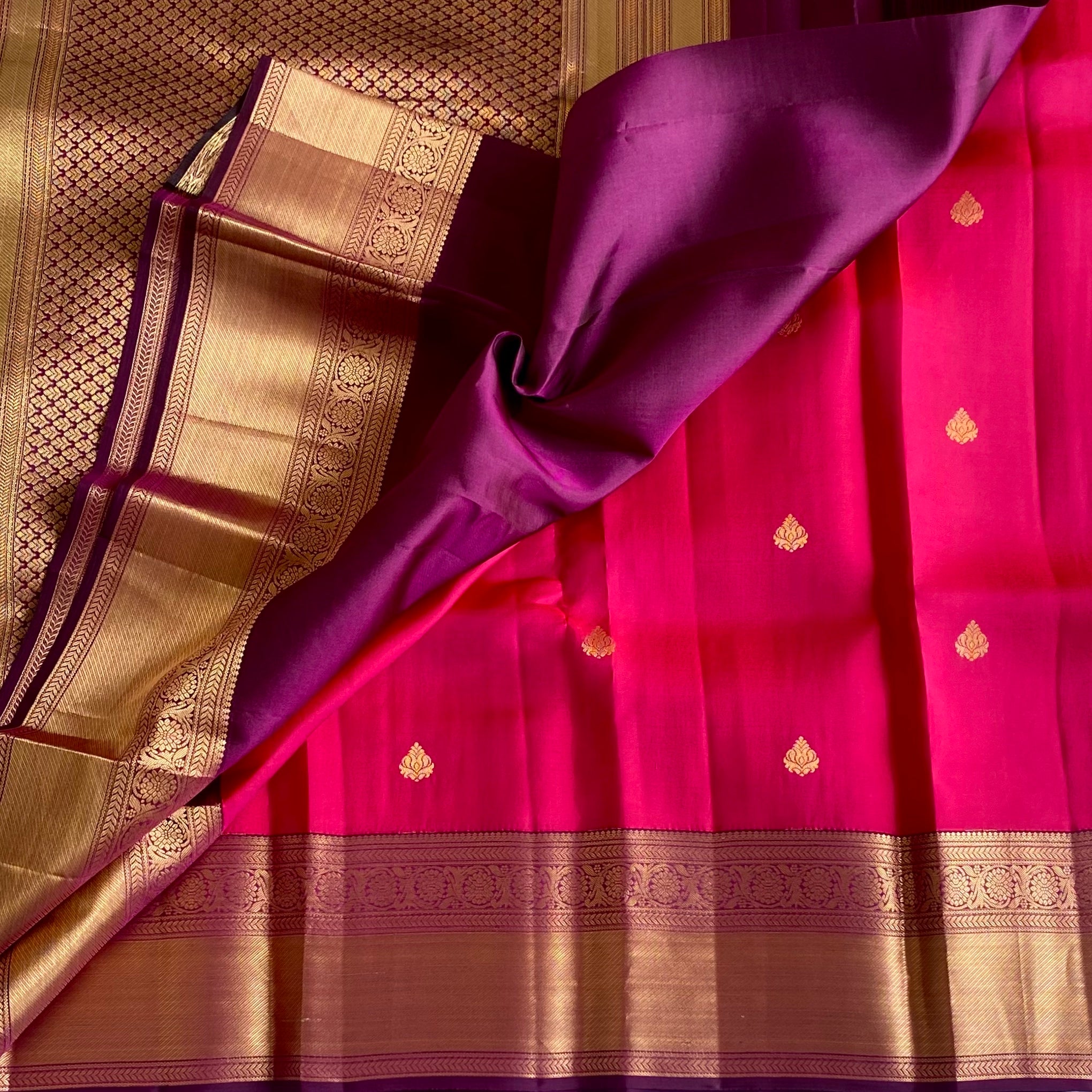 Rani Pink Designer Pure Silk Saree With Plum Purple Pallu