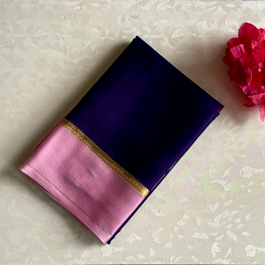 Deep Navy Lightweight Mysore Crepe Silk Saree With Pastel Pink Border