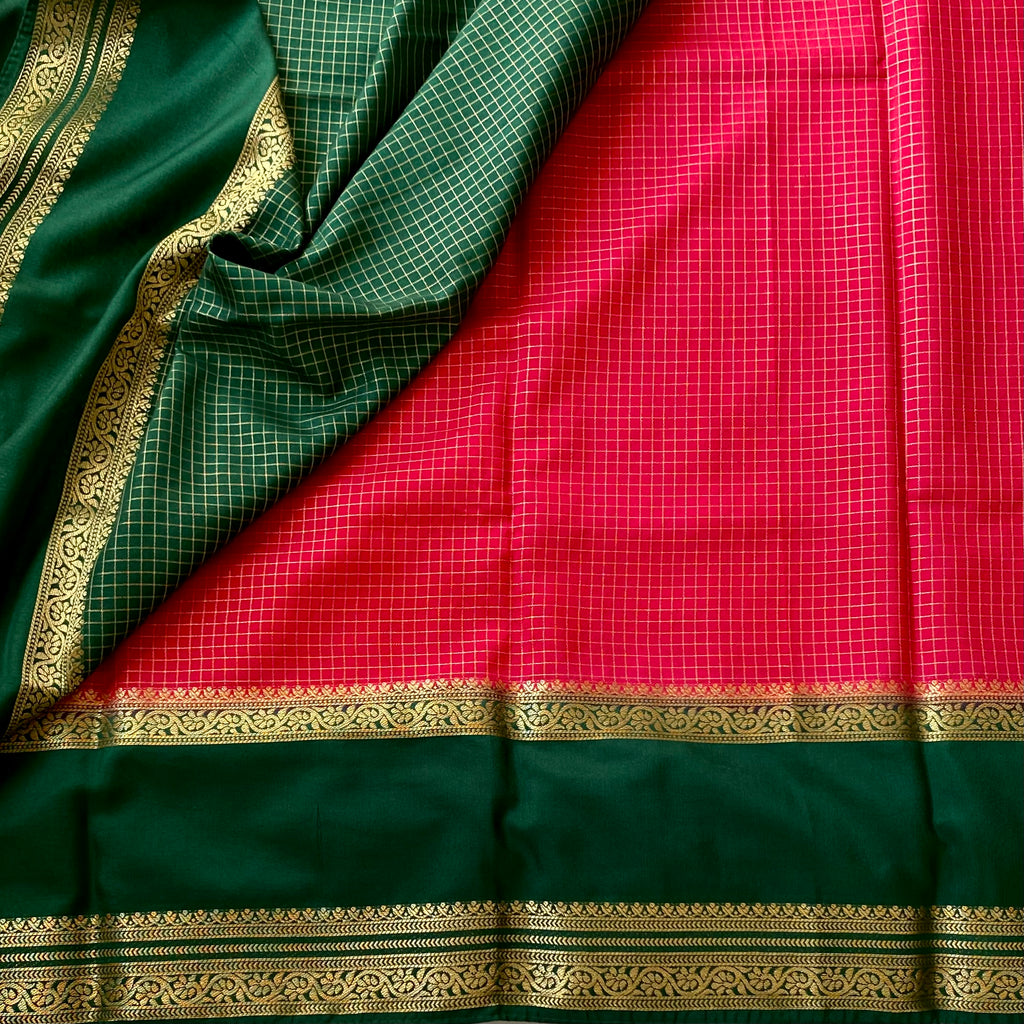 Strawberry reddish pink with emerald green checkered soft crepe silk