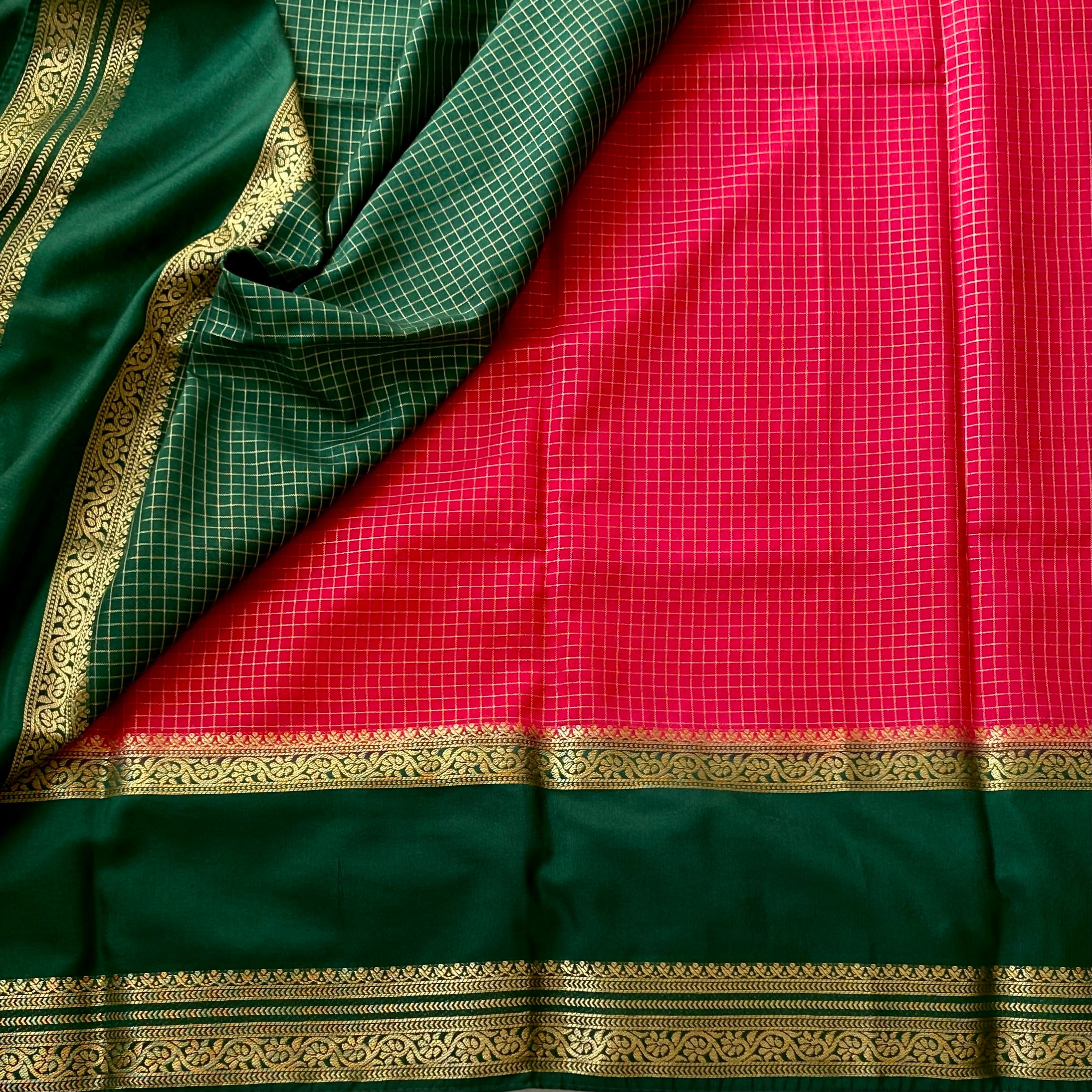Strawberry reddish pink with emerald green checkered soft crepe silk