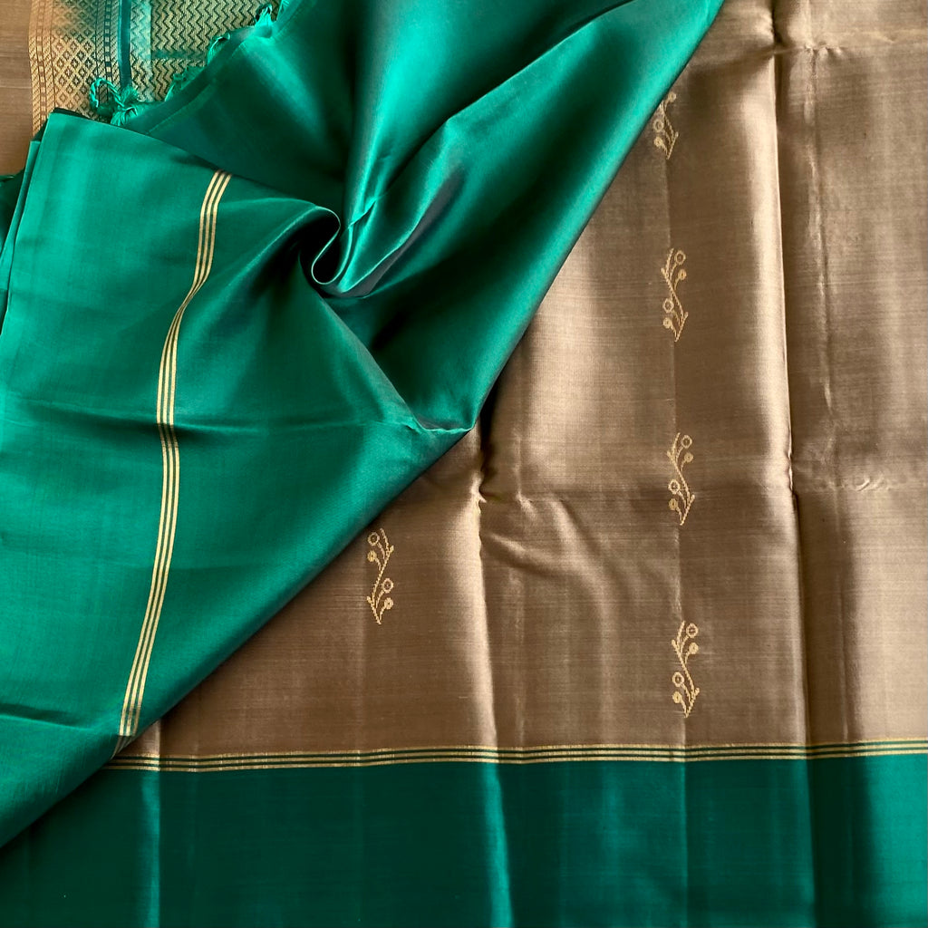 Taupe Greyish Brown & Teal Green Designer Pure Silk Saree With Gold Zari