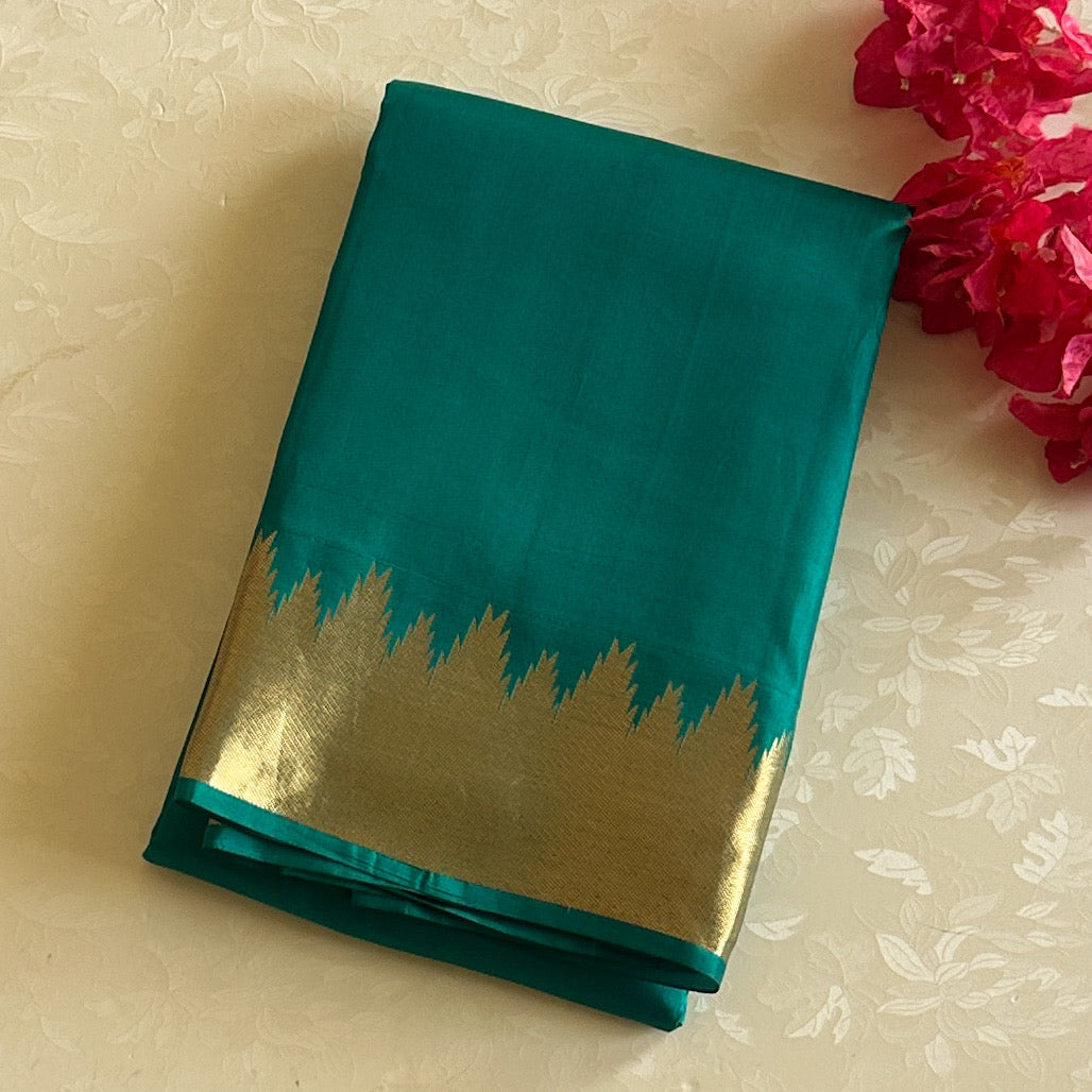 Teal Silk Saree Seafoam Pallu Gold Zigzag Border Traditional Festive