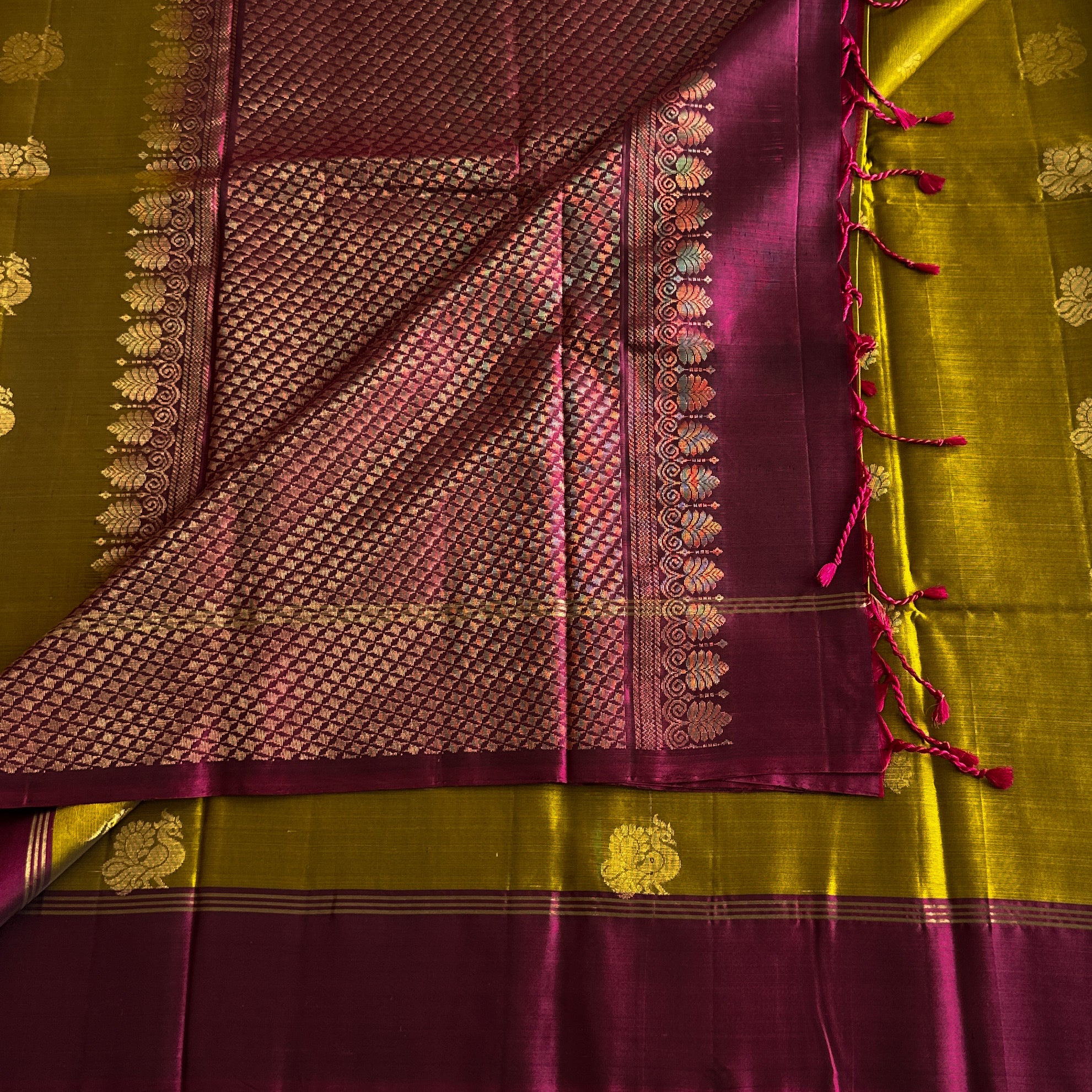 Chartreuse Silk Saree with Magenta Zari Pallu and Floral Border