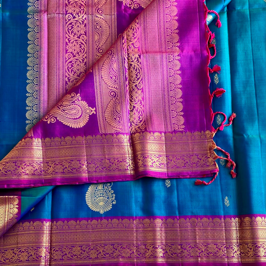 Teal Blue Designer Pure Silk Saree With Magenta Pallu And Paisley