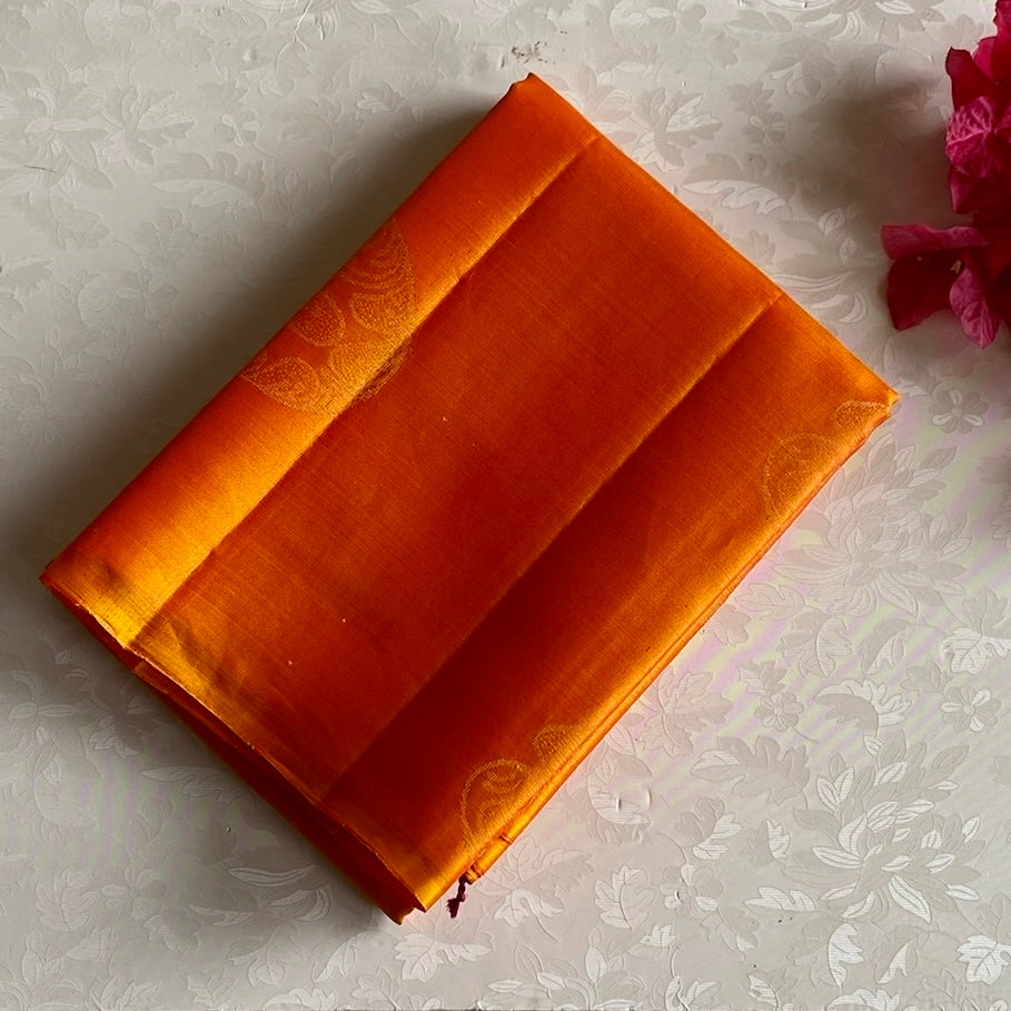 Saffron Orange Designer Pure Silk Saree With Deep Magenta Pallu