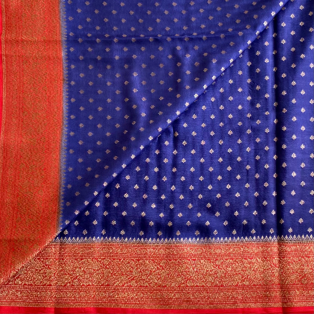 Denim Blue Banarasi Crepe Silk Saree With Rust Red Border And Pallu