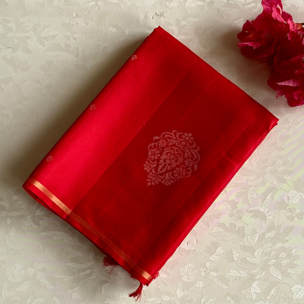 Crimson Red Designer Pure Silk Saree With Antique Gold Jaal