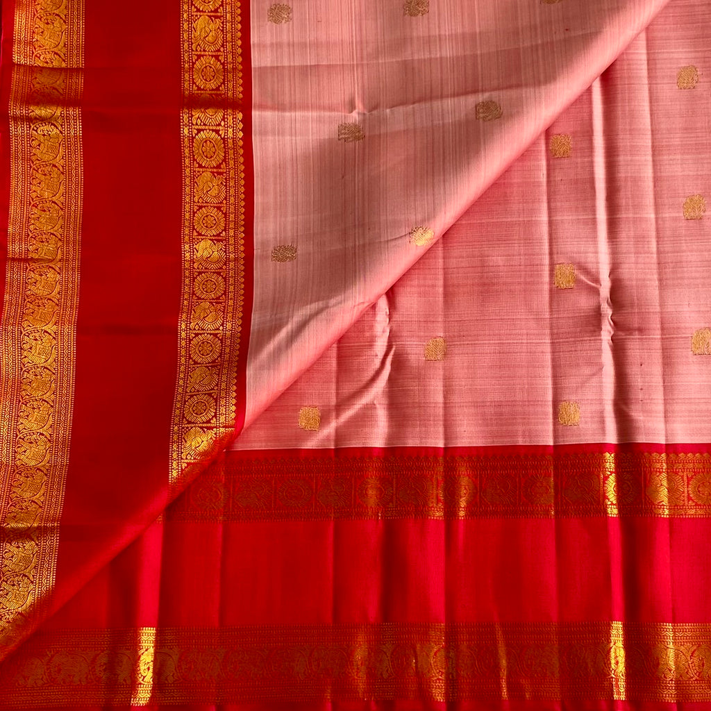 Blush Pink With Scarlet Red Kanjeevaram Pure Zari Silk Saree With Antique Gold Pallu
