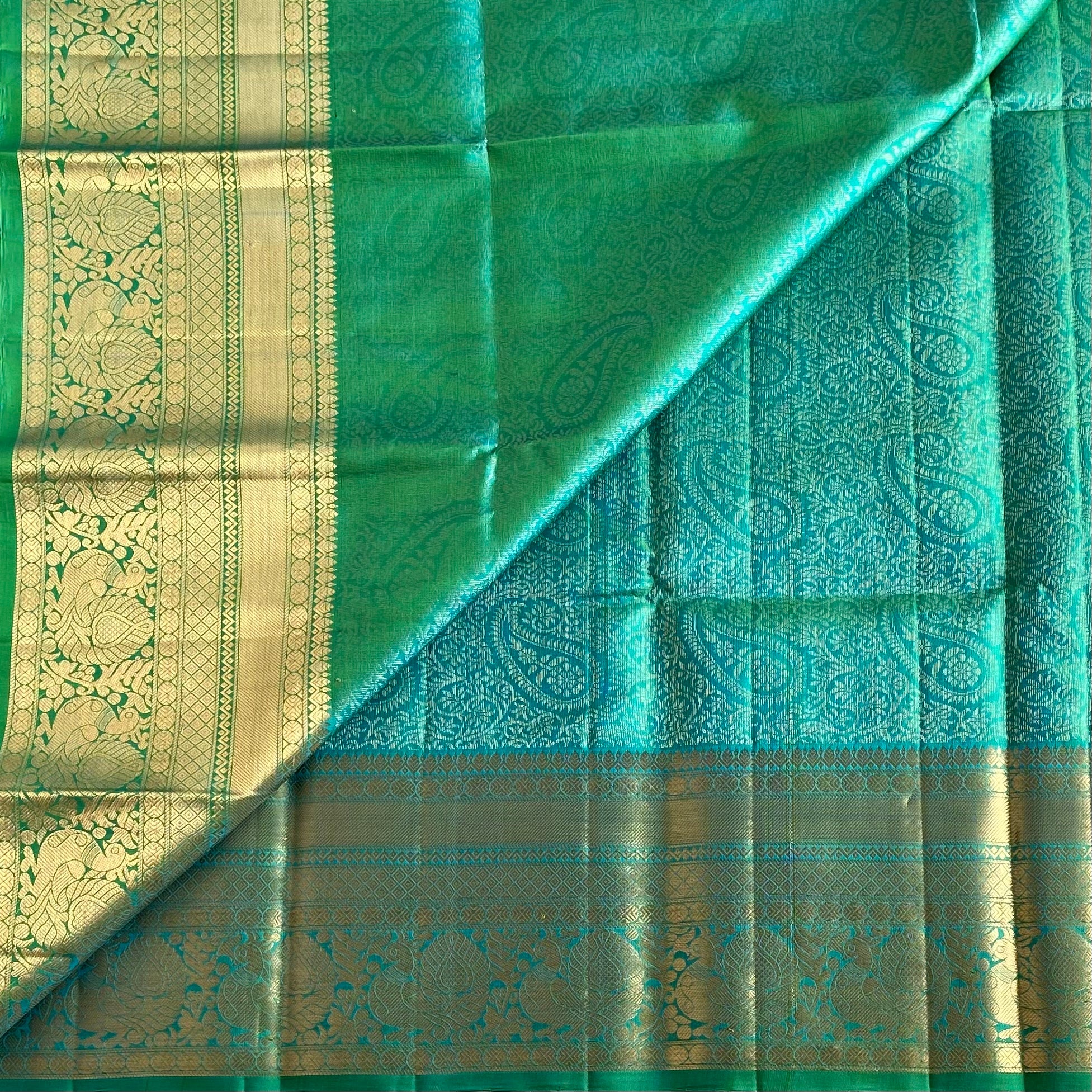 Sea Green Designer Brocade Pure Silk Saree With Metallic Gold Border