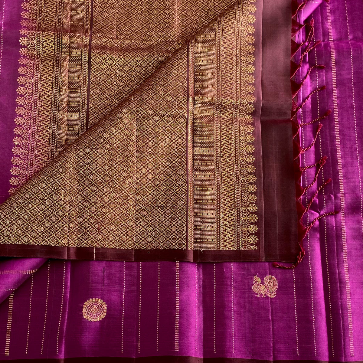 Deep Magenta Designer Pure Silk Saree With Wine Brown Pallu And Gold Zari