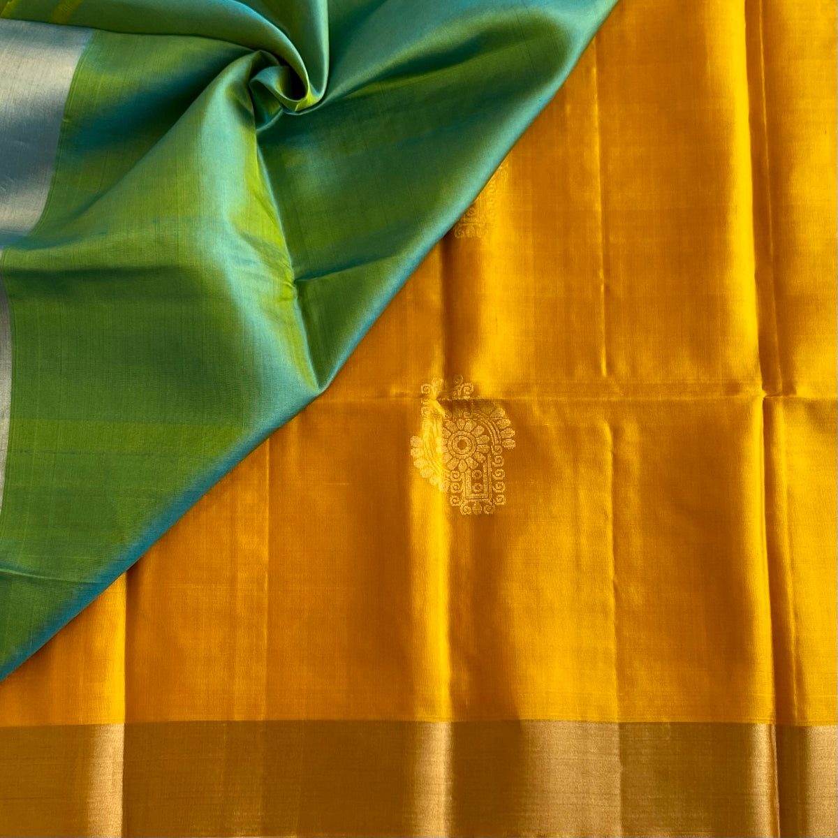 Golden Yellow Designer Pure Silk Saree With Teal Green Pallu