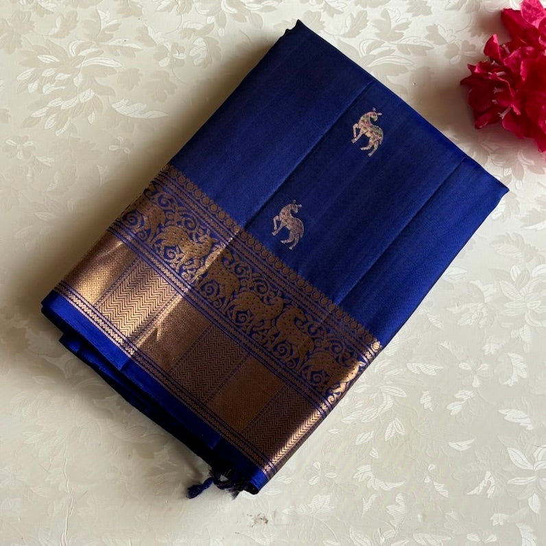 Royal Blue Designer Pure Silk Saree With Antique Gold Pallu And Elephant Motifs