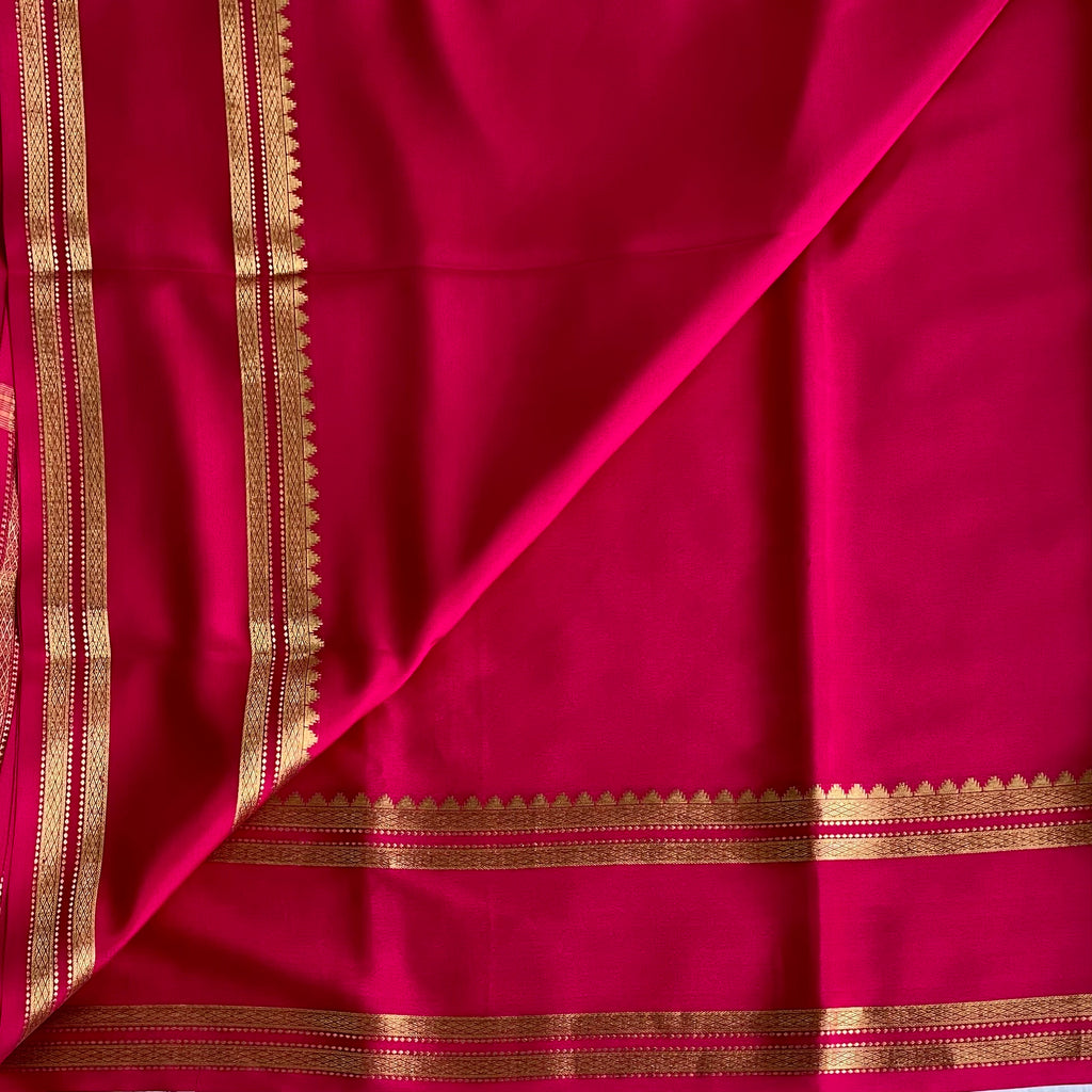 Rani pink Mysore Crepe Silk Saree With Metallic Gold Striped Border