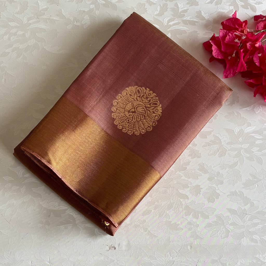 Rare Bronze Brown Designer Pure Silk Saree With Orchid Lavender Pallu