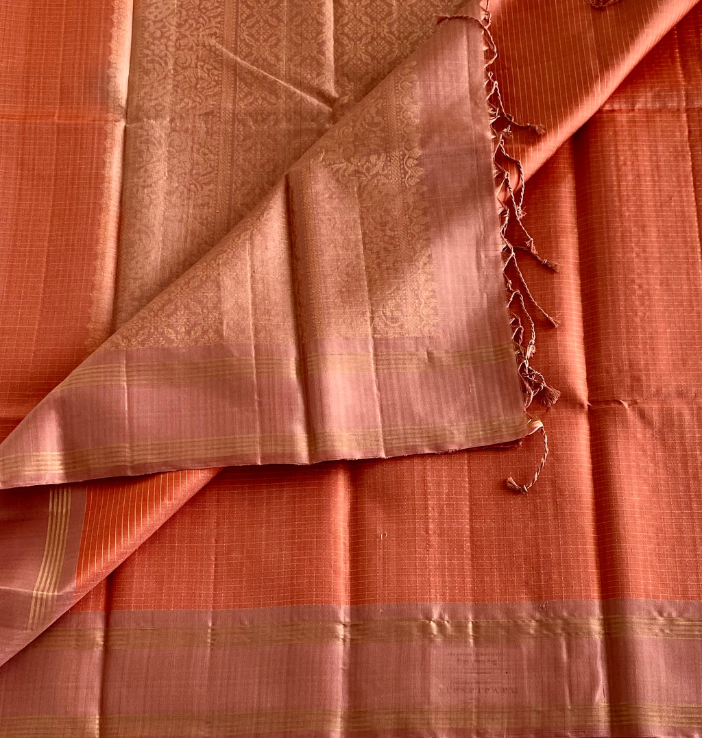 Pastel Peach Designer Pure Silk Checkered With Rose Gold Pallu