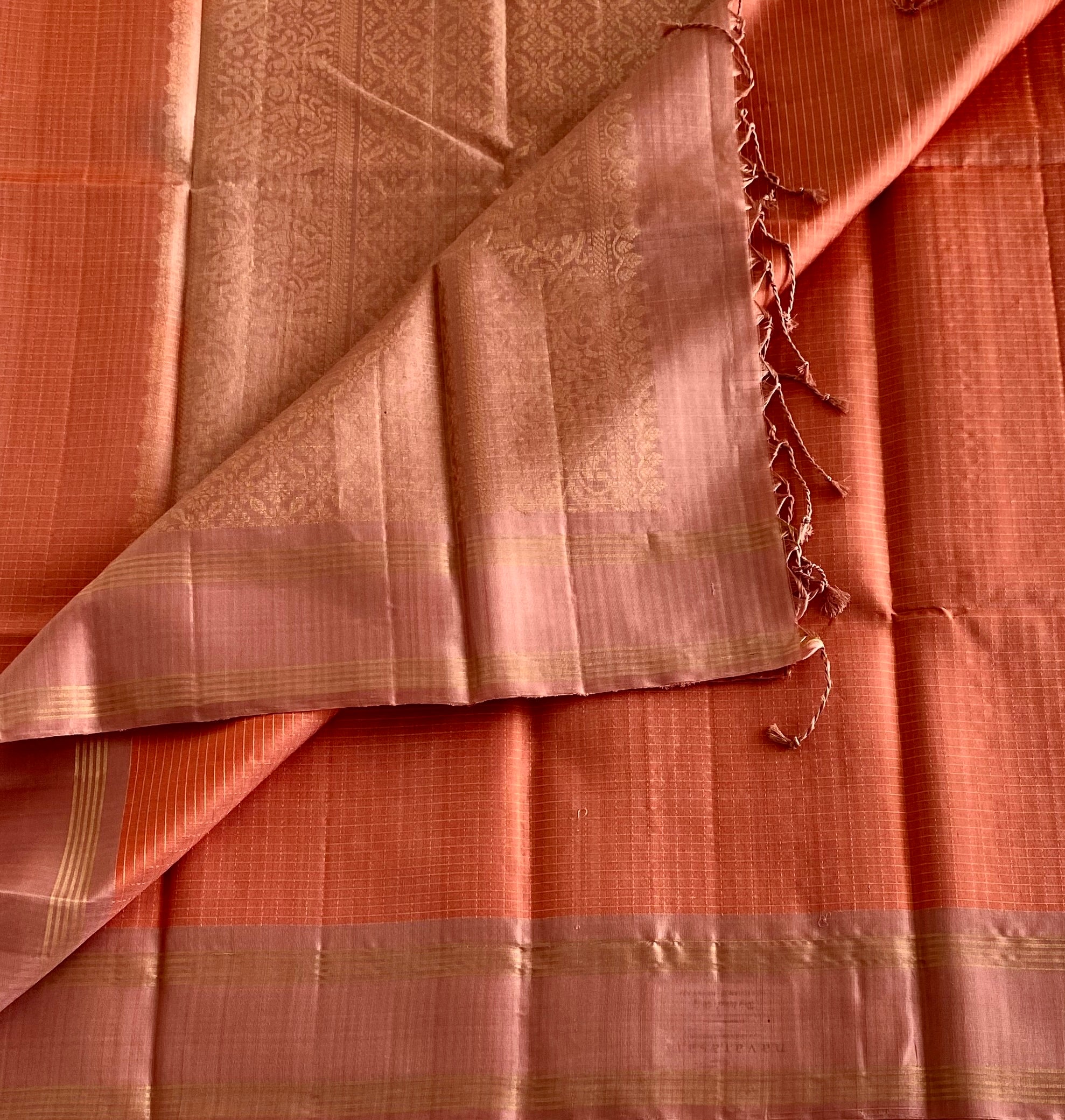 Pastel Peach Designer Pure Silk Checkered With Rose Gold Pallu