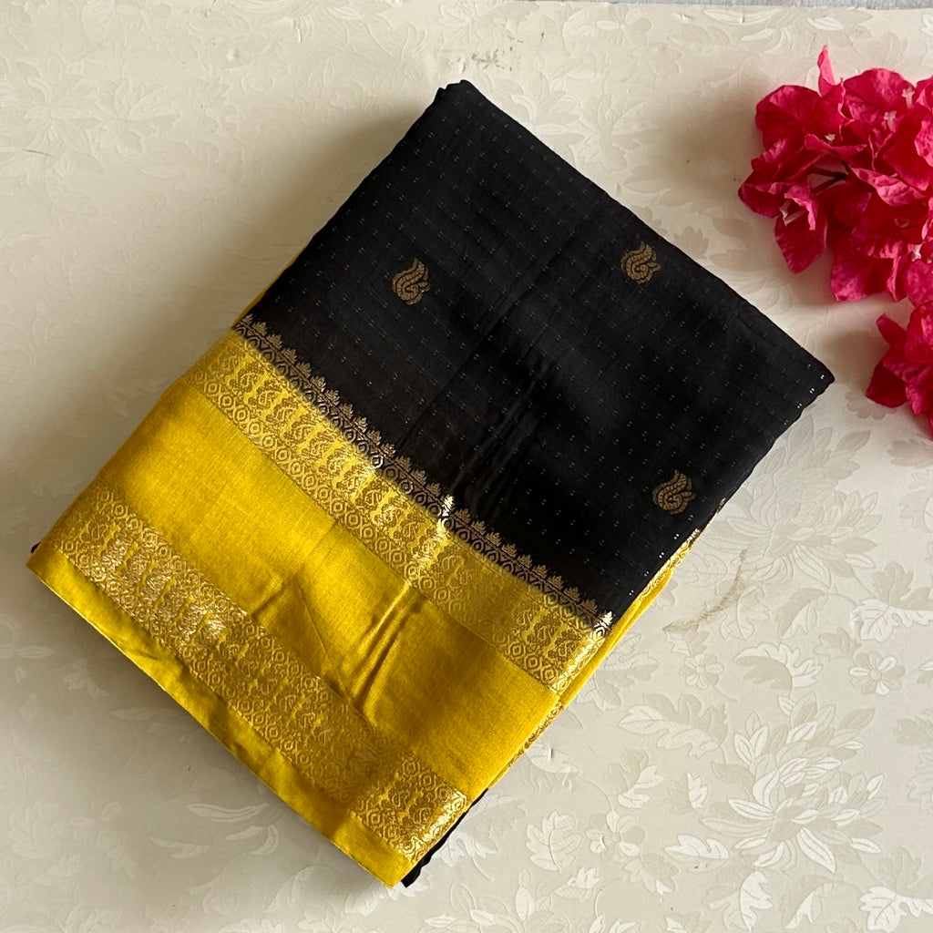 Charcoal Black And Mustard Yellow Soft Tussar Silk Saree