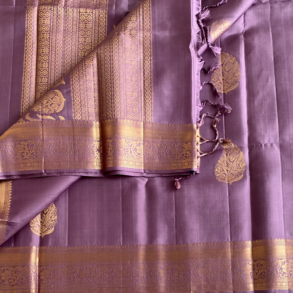 Mauve Lavender Designer Pure Silk Saree With Antique Gold Border