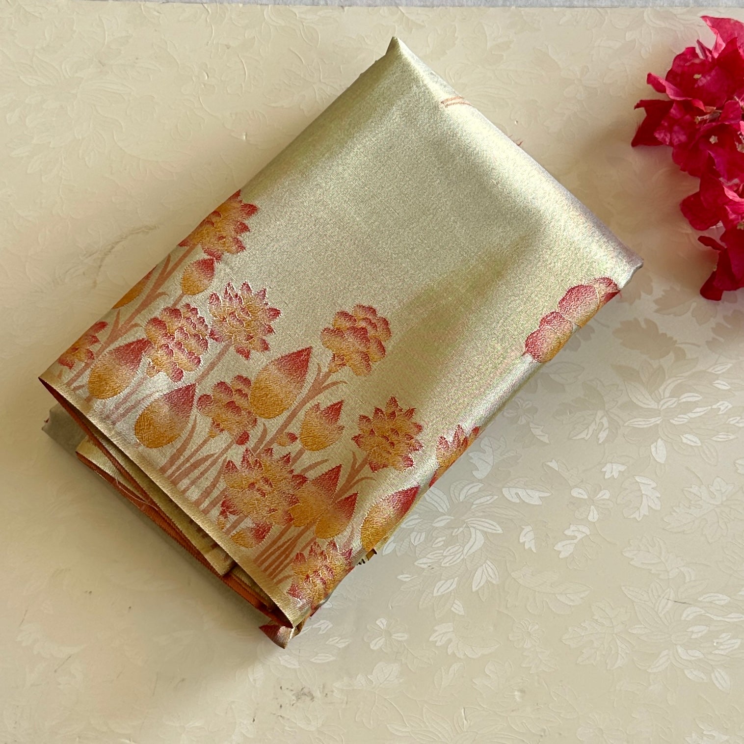 Pale Gold Banarasi Brocade Saree with Dusty Rose Floral Border