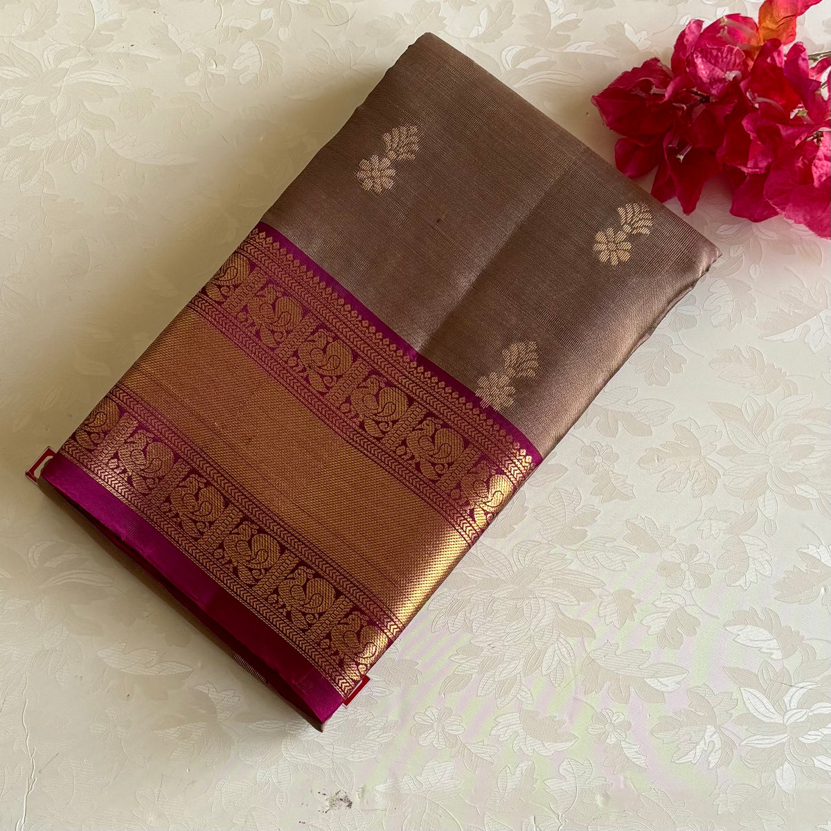 Bronze Brown Designer Pure Silk Saree With Deep Magenta Pallu